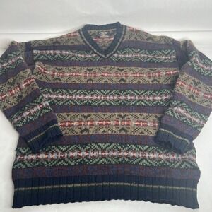 Vintage American Eagle V Neck Pullover Fair Isle Wool Silk Blend Sweater Mens XL